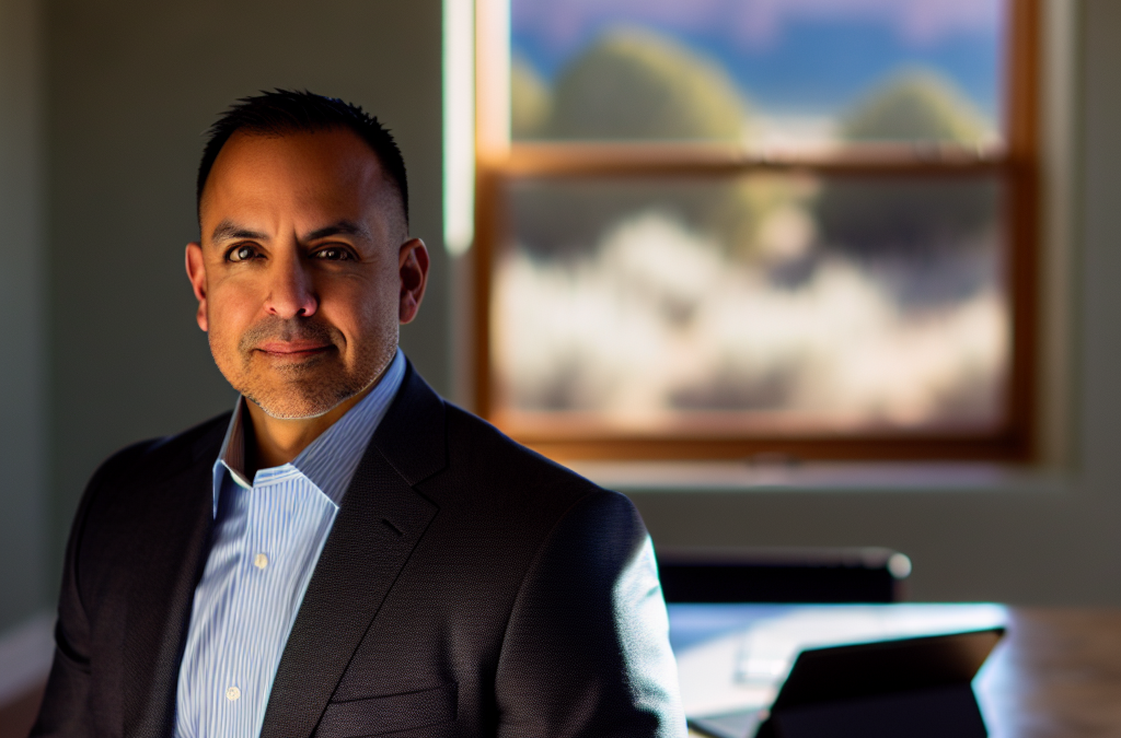 Entrepreneur in a modern Western Colorado office reviewing business analytics on a laptop