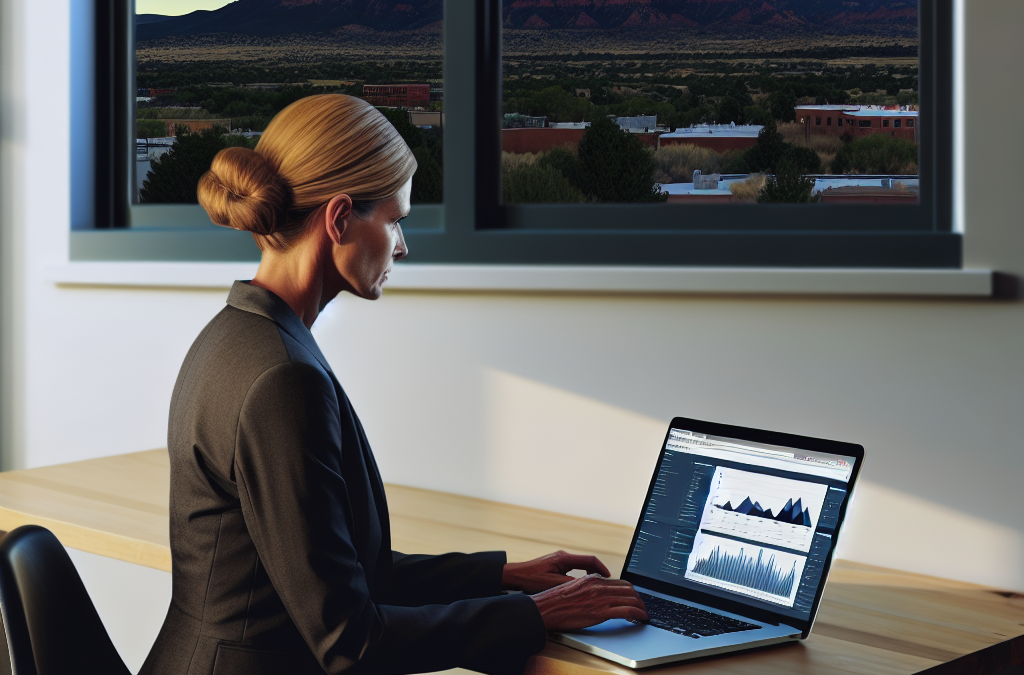 Entrepreneur reviewing search trends and analytics on a laptop in a modern office in Western Colorado