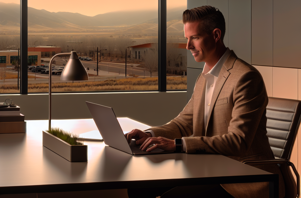 Entrepreneur reviewing online reputation and search analytics in a modern office in Western Colorado