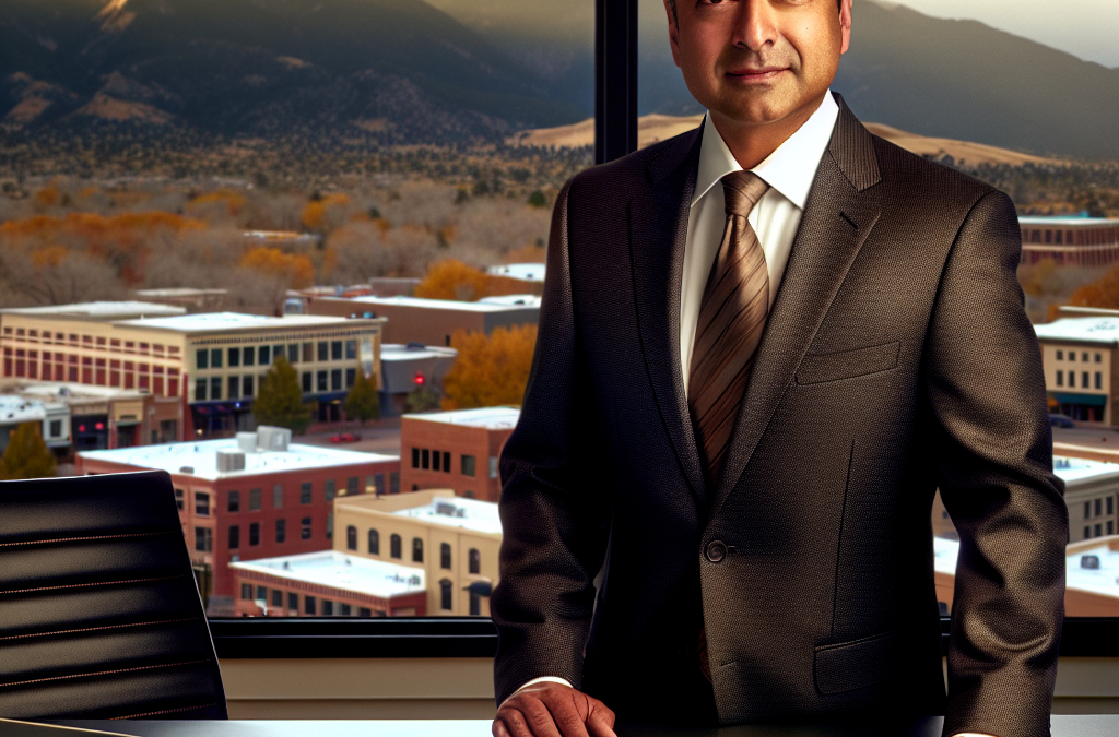 Professional businessman in a modern office in Western Colorado with downtown and mountains in the background