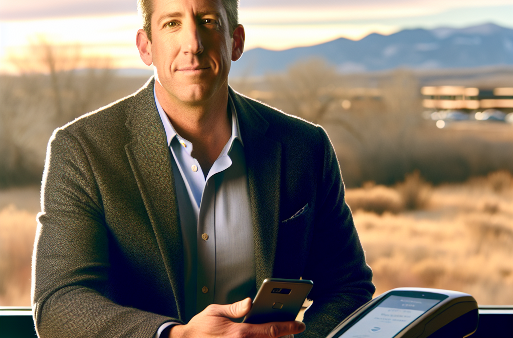 Business owner using a smartphone for a contactless NFC tap in a modern office in Western Colorado